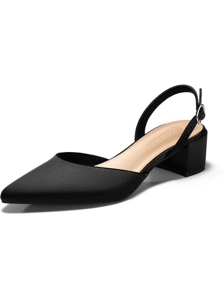 Women's Black Low Chunky Heels Slingback Closed Pointed Toe Pumps Dress Shoes